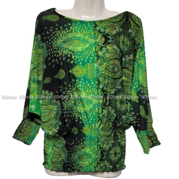 Comfy Paisley Blouse Green and Black Dolman Sleeves Blouse Top - Picture 2 of 5